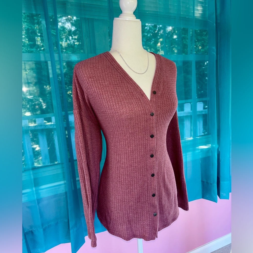 Sonoma Pink Rose Mauve Button-Up Ribbed Long Cardigan Size L Fall Layers Kohl’s - Picture 2 of 5